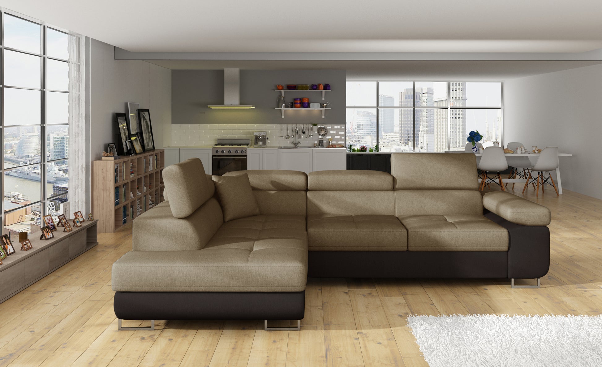 Narożnik Anton Monolith 09 jasnobrązowy / Monolith 29 brązowy – pełny widok w przestronnym salonie.