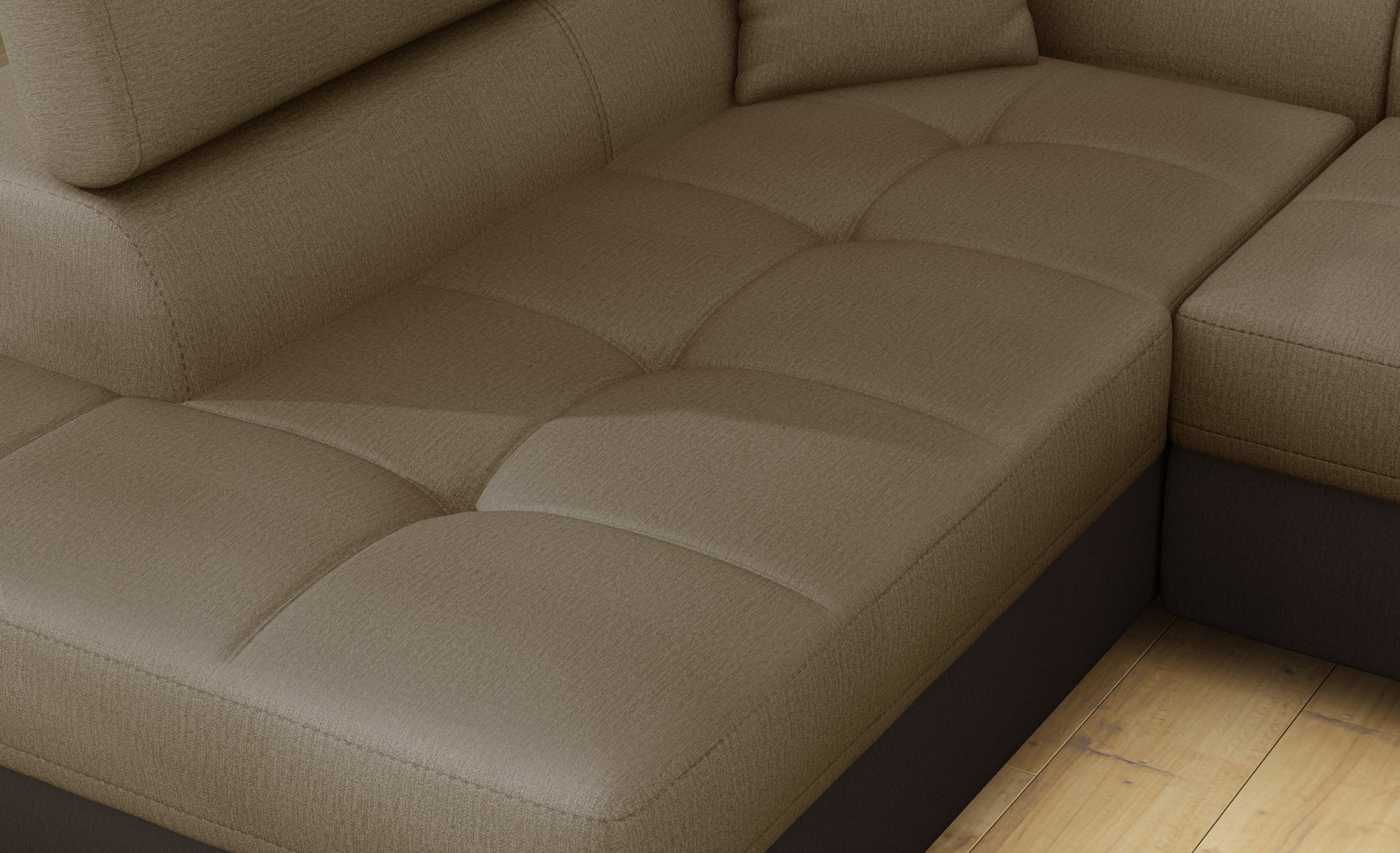 Zbliżenie na siedzisko narożnika Anton w kolorze Monolith 09 jasnobrązowy / Monolith 29 brązowy.