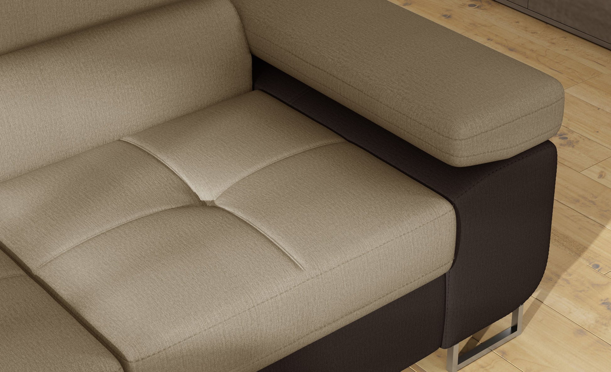 Podłokietnik narożnika Anton w kolorze Monolith 09 jasnobrązowy / Monolith 29 brązowy – widok z góry.