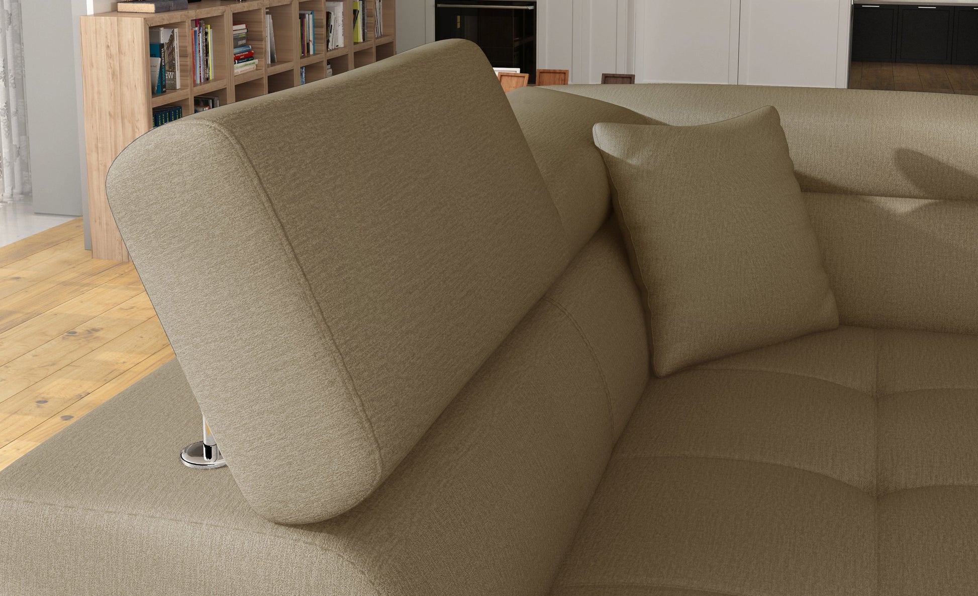 Zagłówek i poduszka narożnika Anton Monolith 09 jasnobrązowy / Monolith 29 brązowy – detal wykończenia.