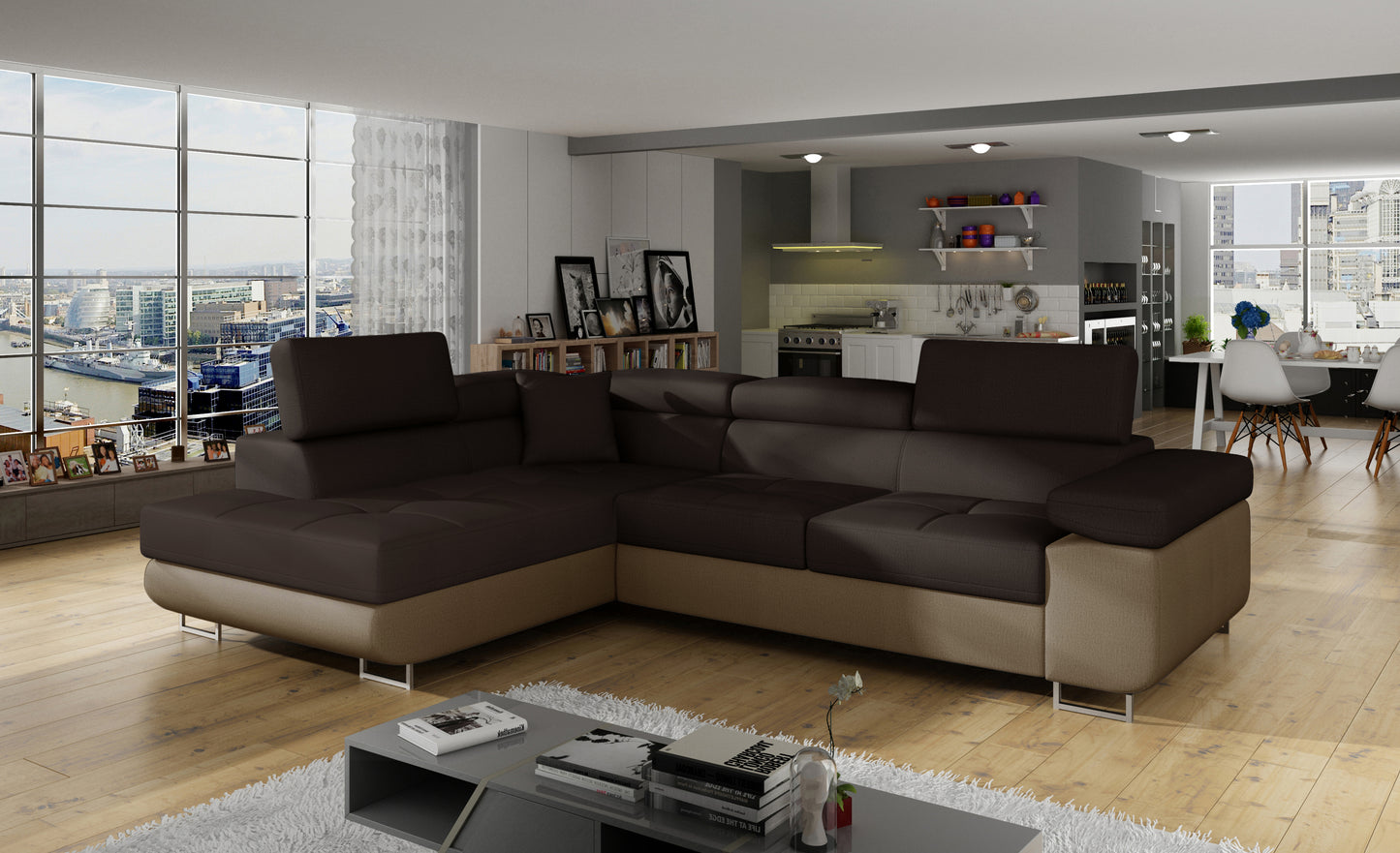 Narożnik Anton Monolith 29 brązowy / Monolith 09 jasnobrązowy w aranżacji nowoczesnego salonu.