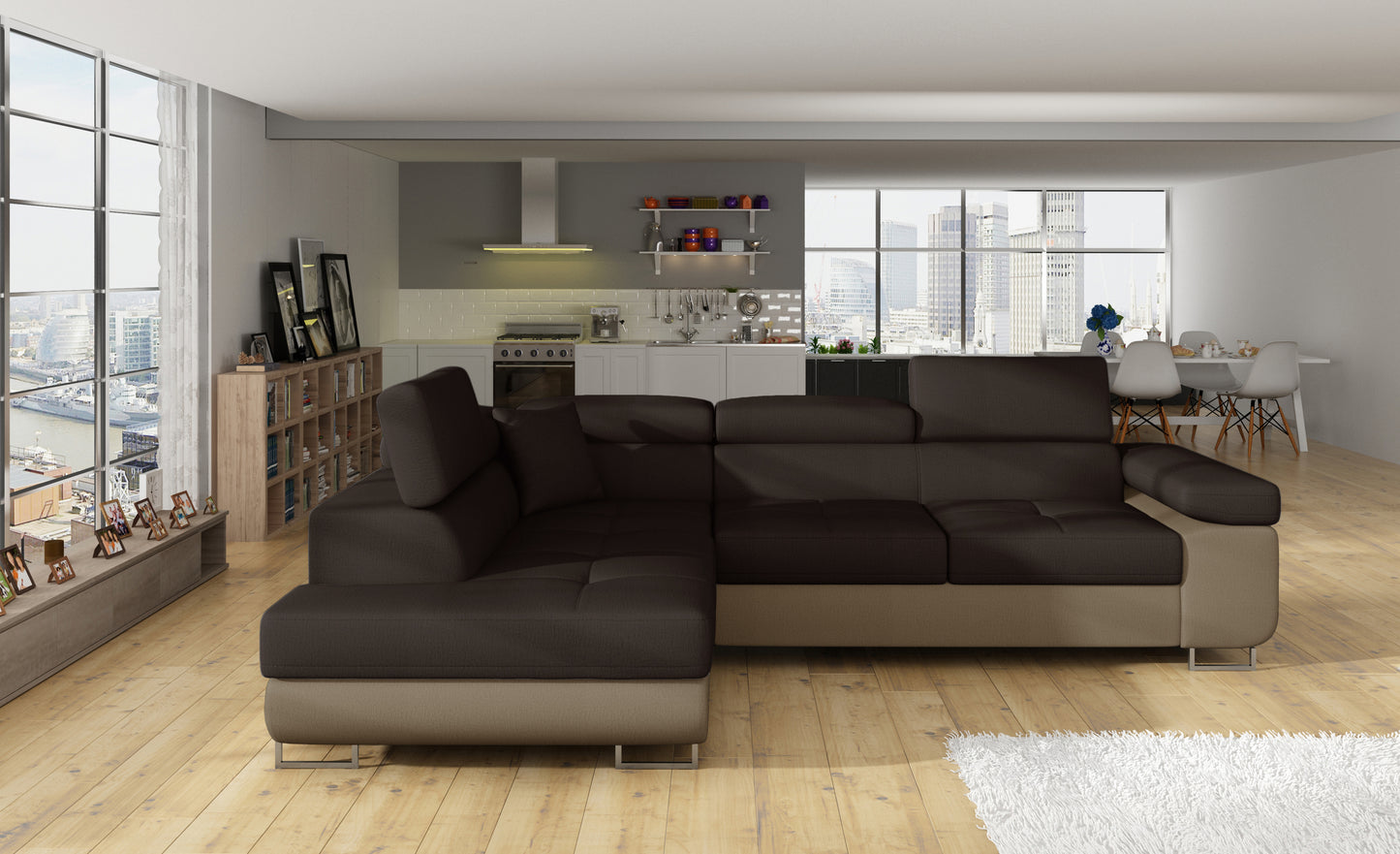 Narożnik Anton Monolith 29 brązowy / Monolith 09 jasnobrązowy – pełny widok w przestronnym salonie.