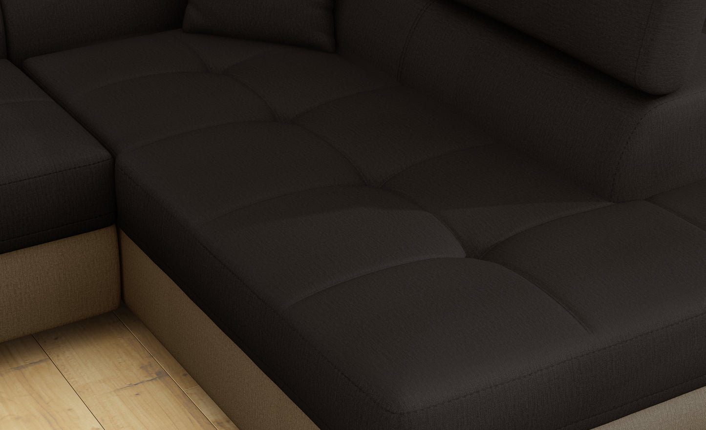 Zbliżenie na siedzisko narożnika Anton w kolorze Monolith 29 brązowy / Monolith 09 jasnobrązowy.