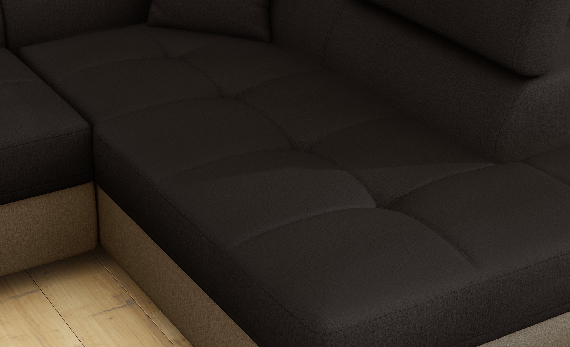 Zbliżenie na siedzisko narożnika Anton w kolorze Monolith 29 brązowy / Monolith 09 jasnobrązowy.