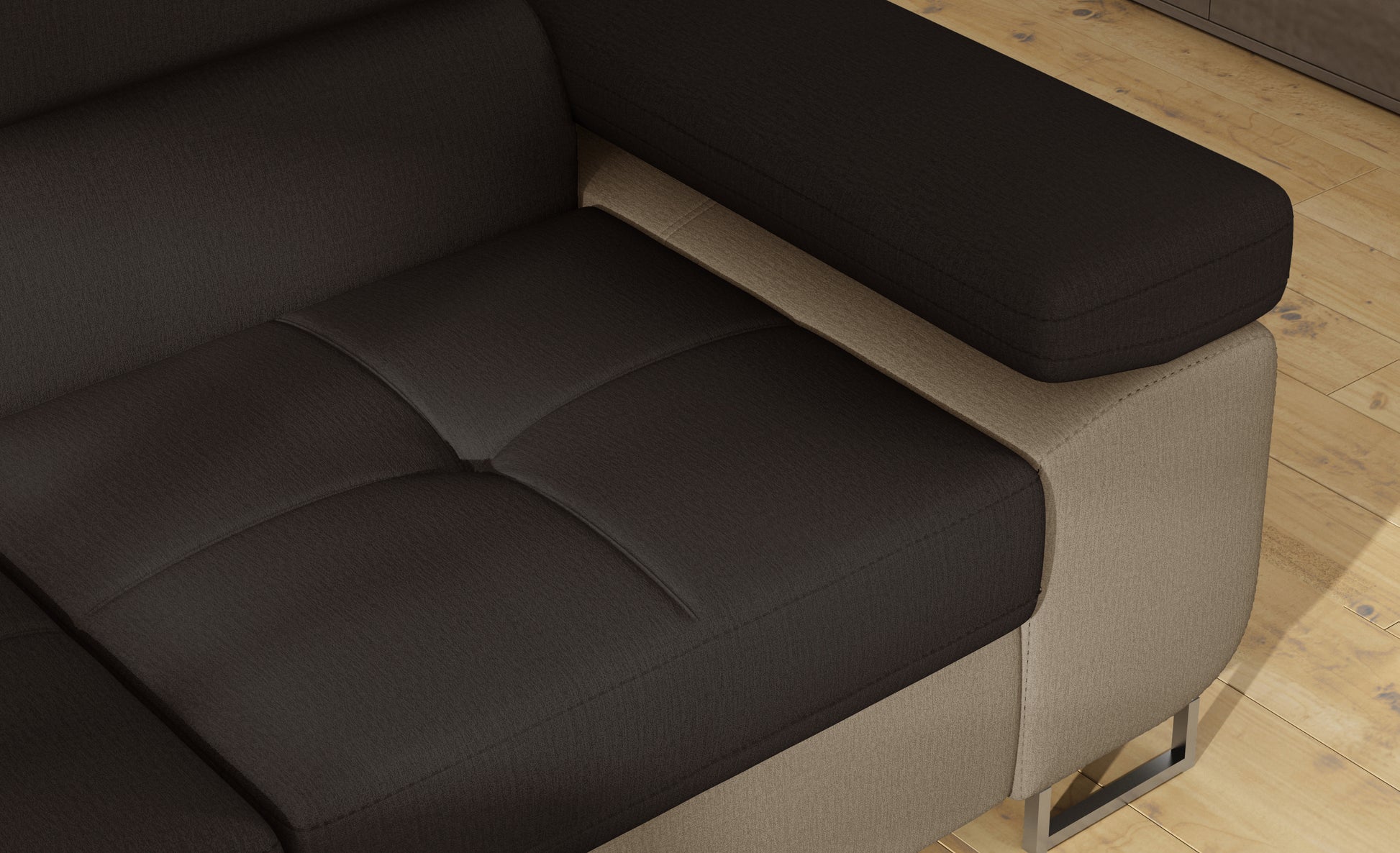 Podłokietnik narożnika Anton w kolorze Monolith 29 brązowy / Monolith 09 jasnobrązowy – widok z góry.