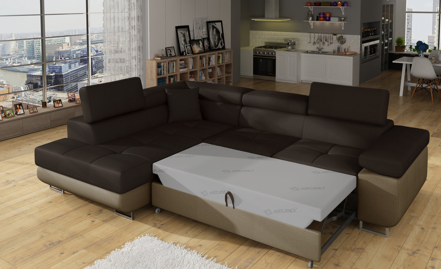 Narożnik Anton Monolith 29 brązowy / Monolith 09 jasnobrązowy rozłożony do funkcji spania – widok w salonie.