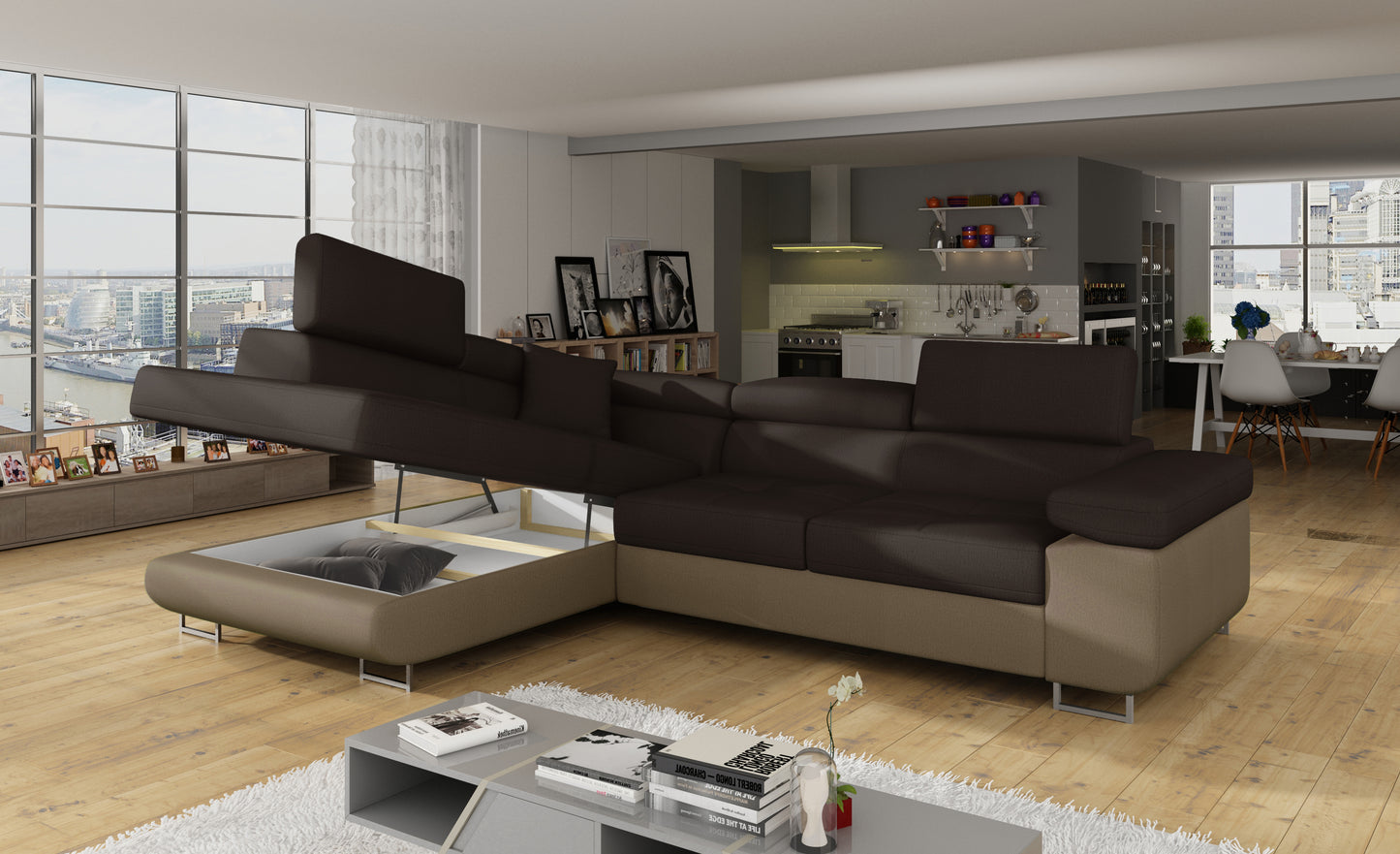 Narożnik Anton Monolith 29 brązowy / Monolith 09 jasnobrązowy z otwartym pojemnikiem na pościel.