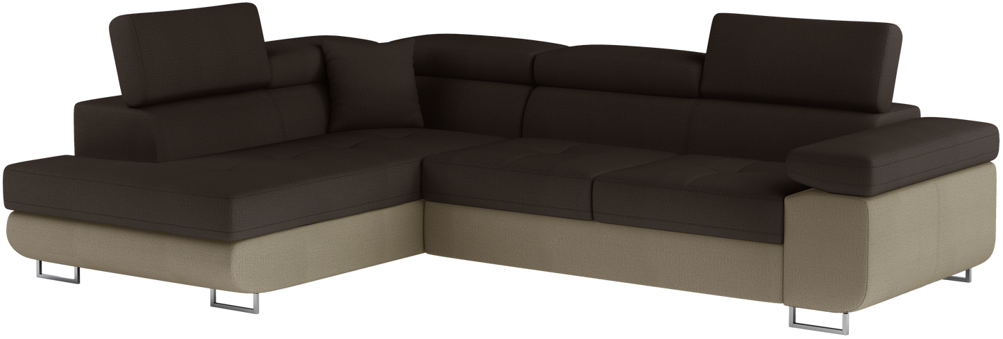 Narożnik Anton w kolorze Monolith 29 brązowy / Monolith 09 jasnobrązowy, układ lewy – widok z przodu pod kątem.