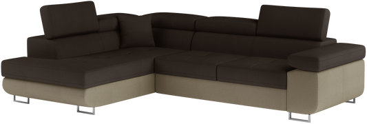 Narożnik Anton w kolorze Monolith 29 brązowy / Monolith 09 jasnobrązowy, układ lewy – widok z przodu pod kątem.