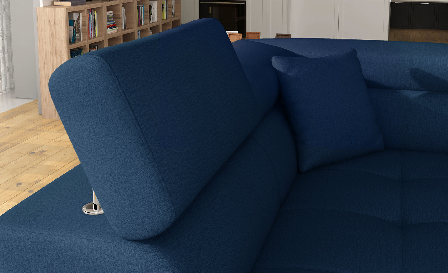 Zagłówek i poduszka narożnika Anton Monolith 77 niebieski / Monolith 84 jasnoszary – detal wykończenia.