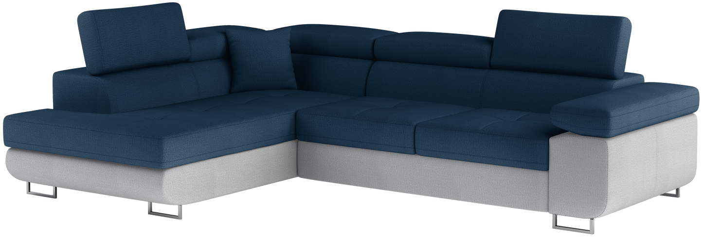 Narożnik Anton w kolorze Monolith 77 niebieski / Monolith 84 jasnoszary, układ lewy – widok z przodu pod kątem.