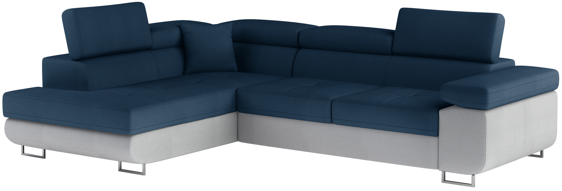 Narożnik Anton w kolorze Monolith 77 niebieski / Monolith 84 jasnoszary, układ lewy – widok z przodu pod kątem.