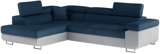 Narożnik Anton w kolorze Monolith 77 niebieski / Monolith 84 jasnoszary, układ lewy – widok z przodu pod kątem.