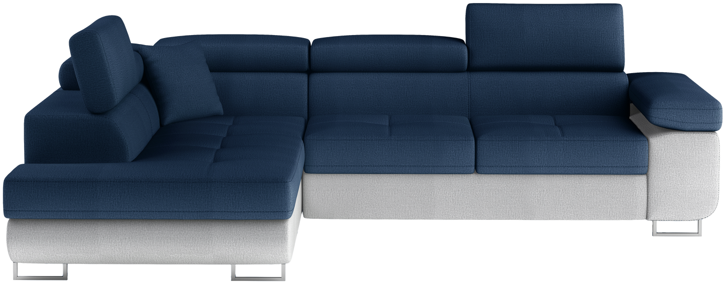 Narożnik Anton Monolith 77 niebieski / Monolith 84 jasnoszary – widok frontalny w układzie lewym.