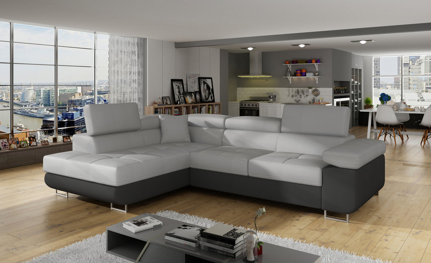 Narożnik Anton Monolith 84 jasnoszary / Monolith 97 ciemnoszary w aranżacji nowoczesnego salonu.