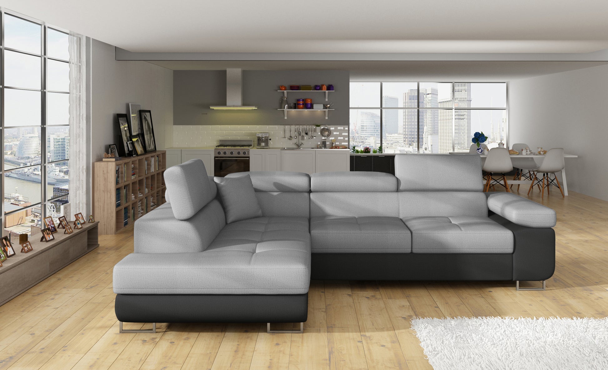 Narożnik Anton Monolith 84 jasnoszary / Monolith 97 ciemnoszary – pełny widok w przestronnym salonie.