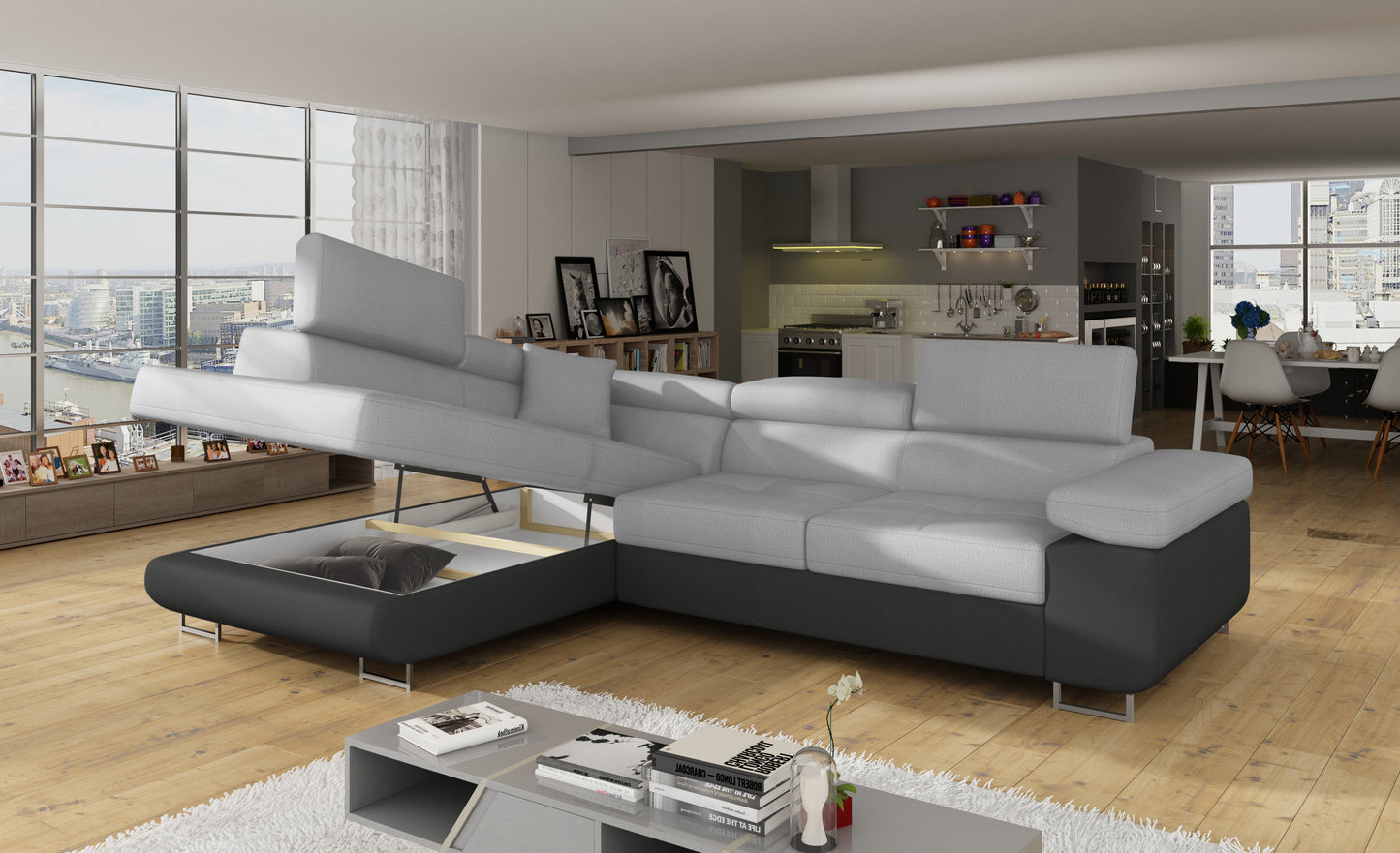 Narożnik Anton Monolith 84 jasnoszary / Monolith 97 ciemnoszary z otwartym pojemnikiem na pościel.