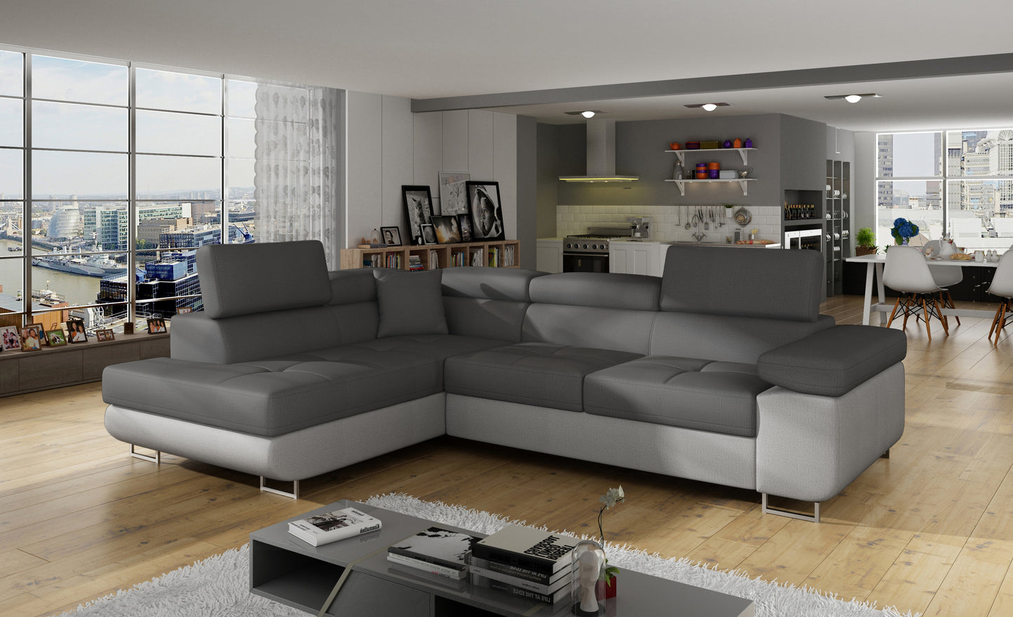 Narożnik Anton Monolith 97 ciemnoszary / Monolith 84 jasnoszary w aranżacji nowoczesnego salonu.