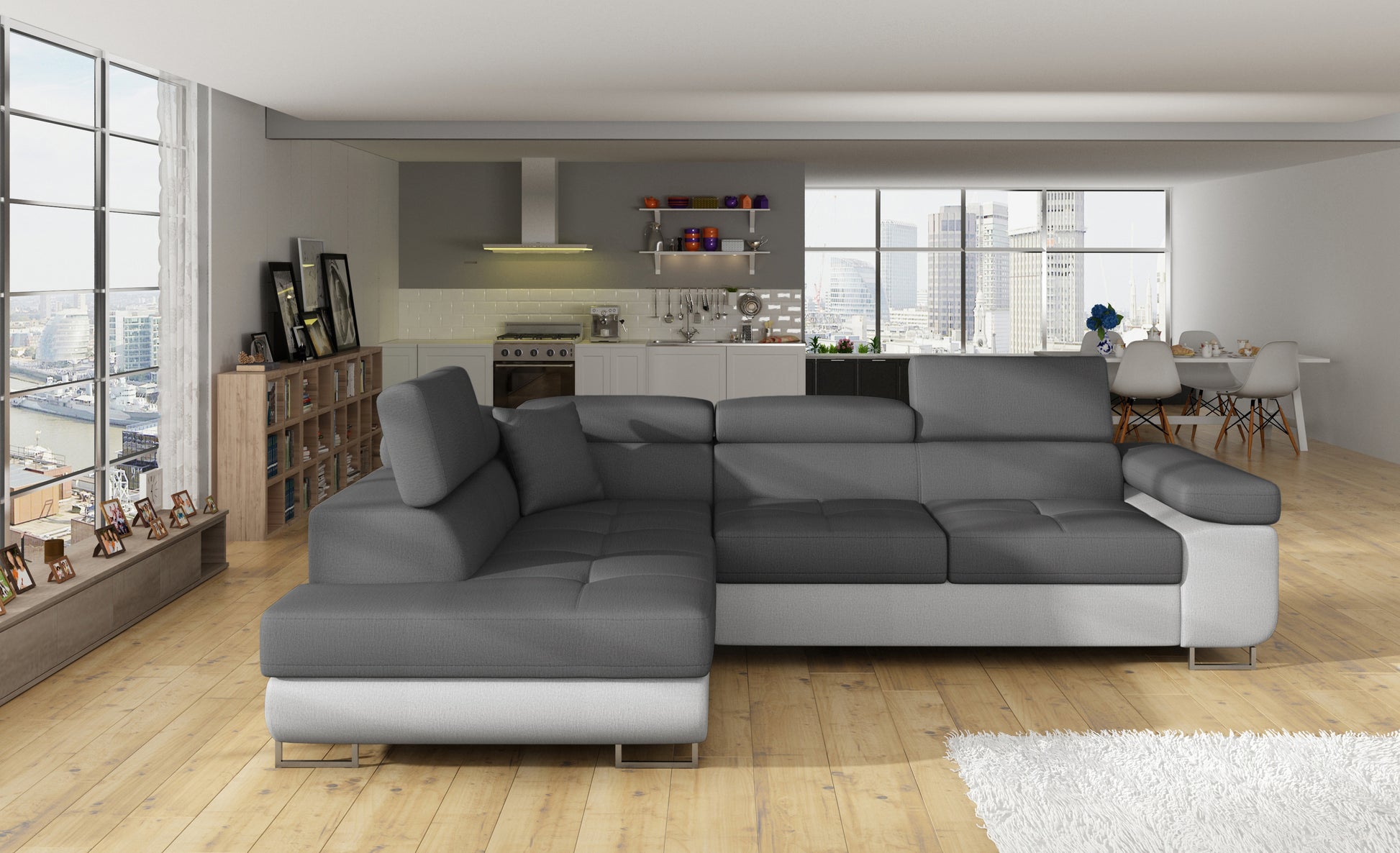 Narożnik Anton Monolith 97 ciemnoszary / Monolith 84 jasnoszary – pełny widok w przestronnym salonie.