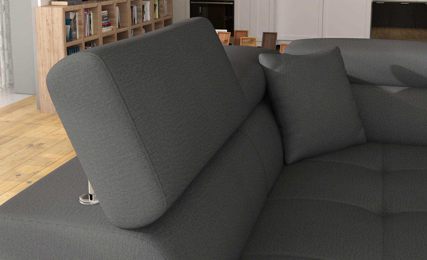 Zagłówek i poduszka narożnika Anton Monolith 97 ciemnoszary / Monolith 84 jasnoszary – detal wykończenia.