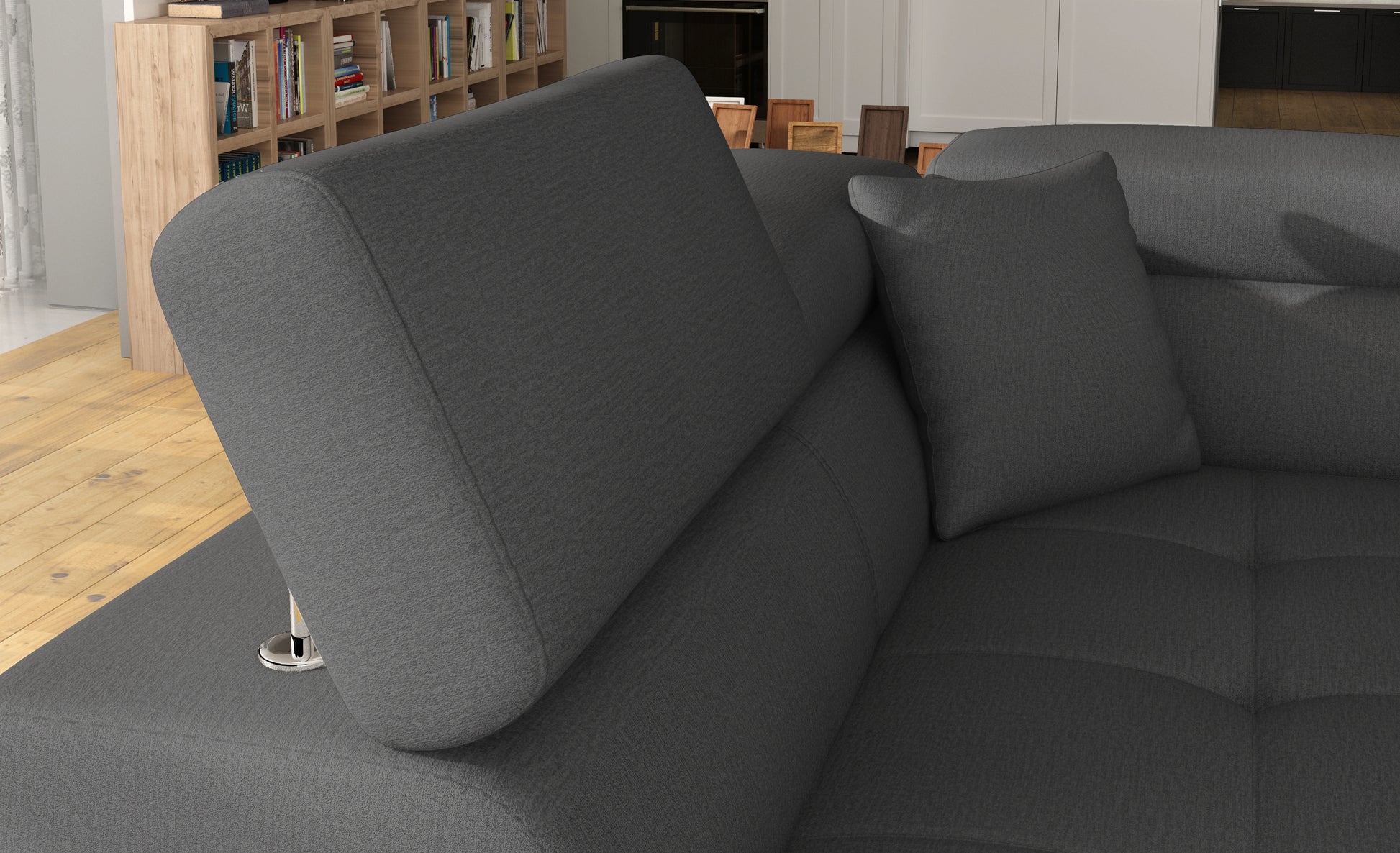 Zagłówek i poduszka narożnika Anton Monolith 97 ciemnoszary / Monolith 84 jasnoszary – detal wykończenia.