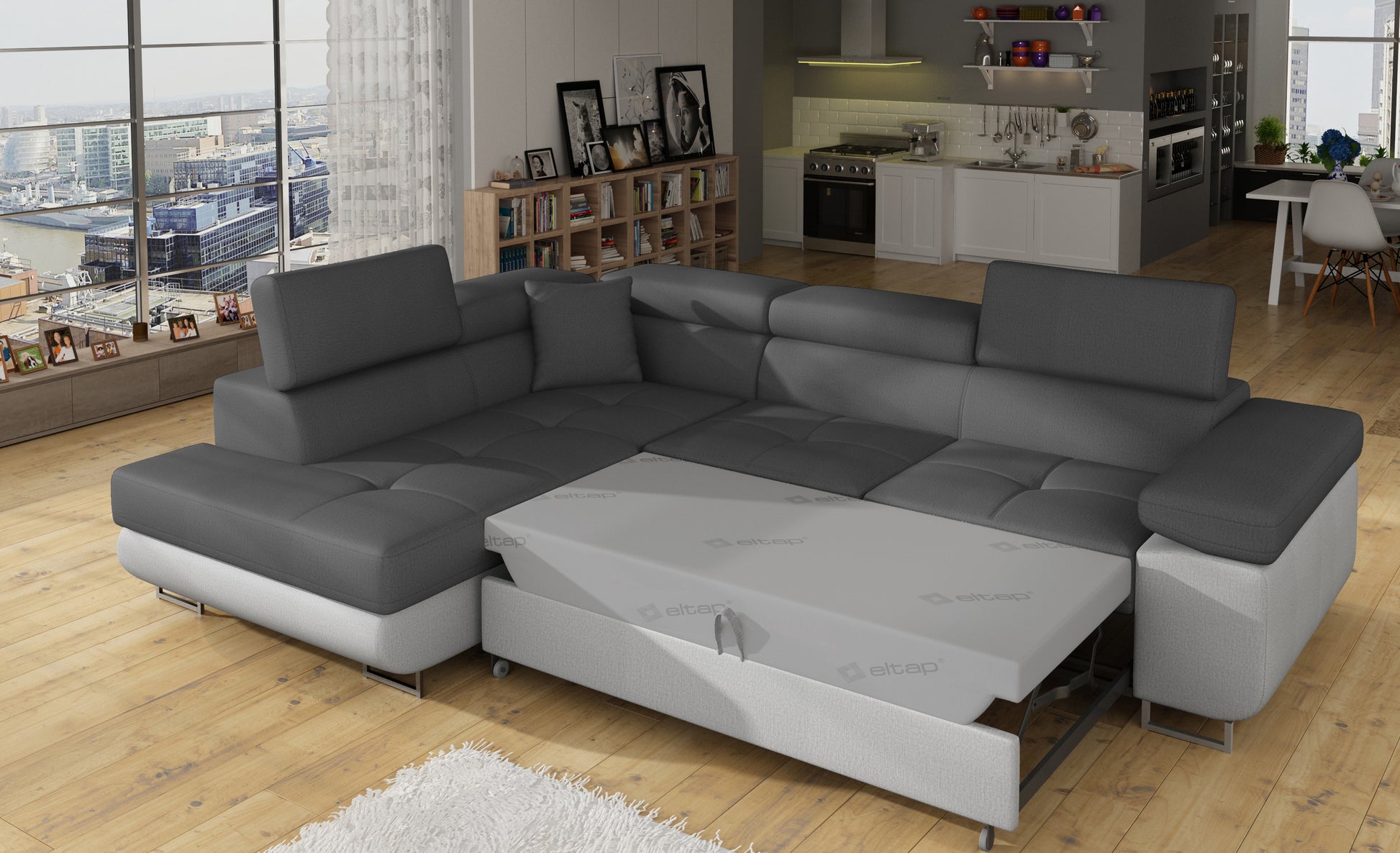 Narożnik Anton Monolith 97 ciemnoszary / Monolith 84 jasnoszary rozłożony do funkcji spania – widok w salonie.