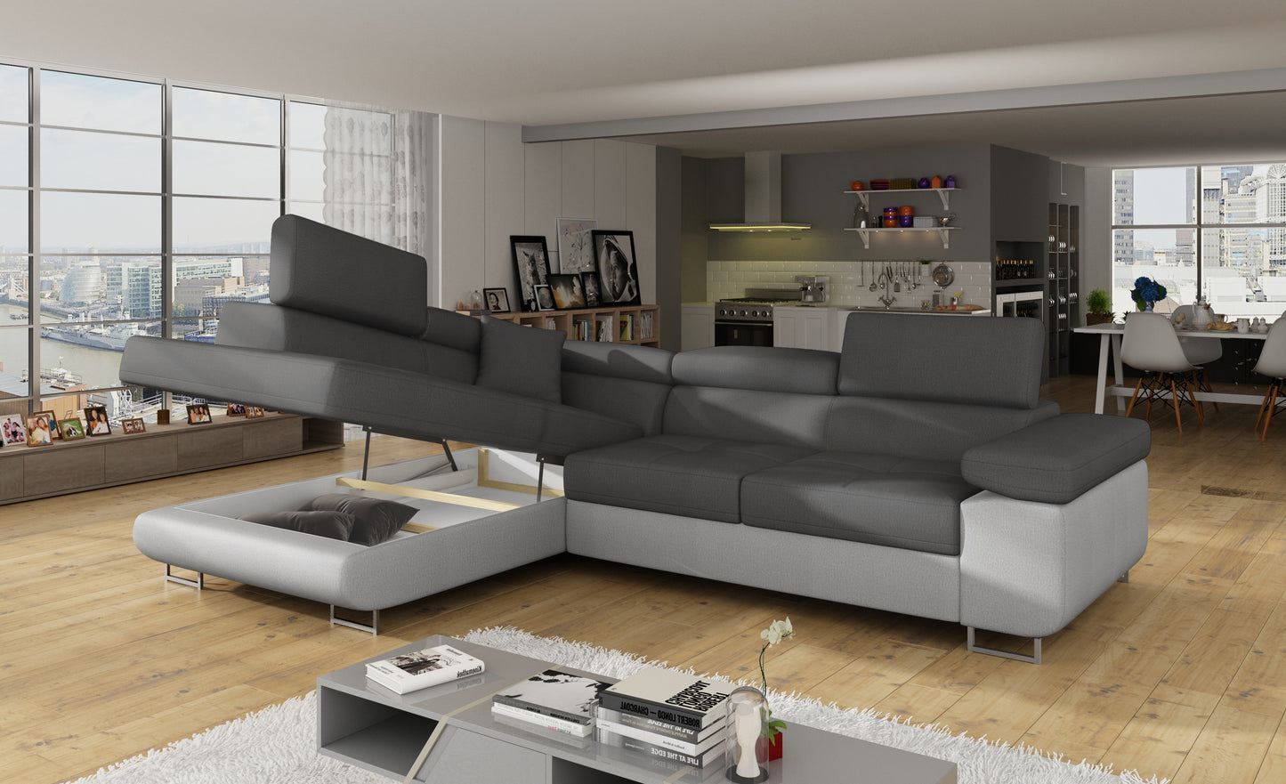 Narożnik Anton Monolith 97 ciemnoszary / Monolith 84 jasnoszary z otwartym pojemnikiem na pościel.