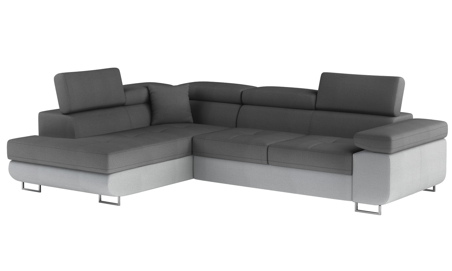 Narożnik Anton w kolorze Monolith 97 ciemnoszary / Monolith 84 jasnoszary, układ lewy – widok z przodu pod kątem.