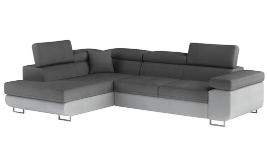 Narożnik Anton w kolorze Monolith 97 ciemnoszary / Monolith 84 jasnoszary, układ lewy – widok z przodu pod kątem.