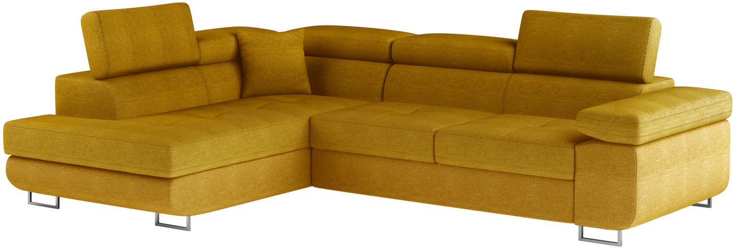 Narożnik Anton w kolorze Omega 68 żółty, układ lewy – widok z przodu pod kątem.