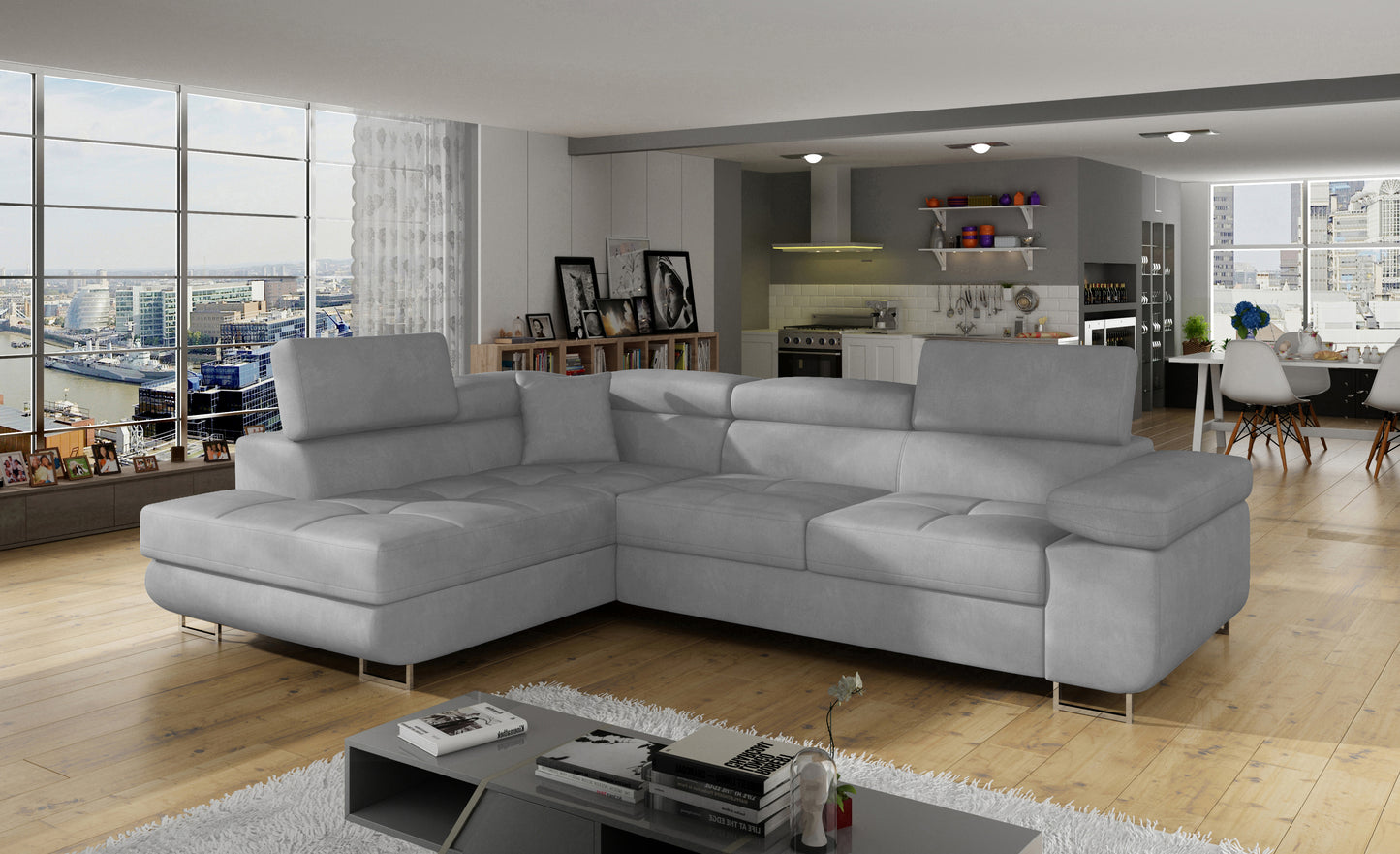 Narożnik Anton Paros 05 jasnoszary w aranżacji nowoczesnego salonu.