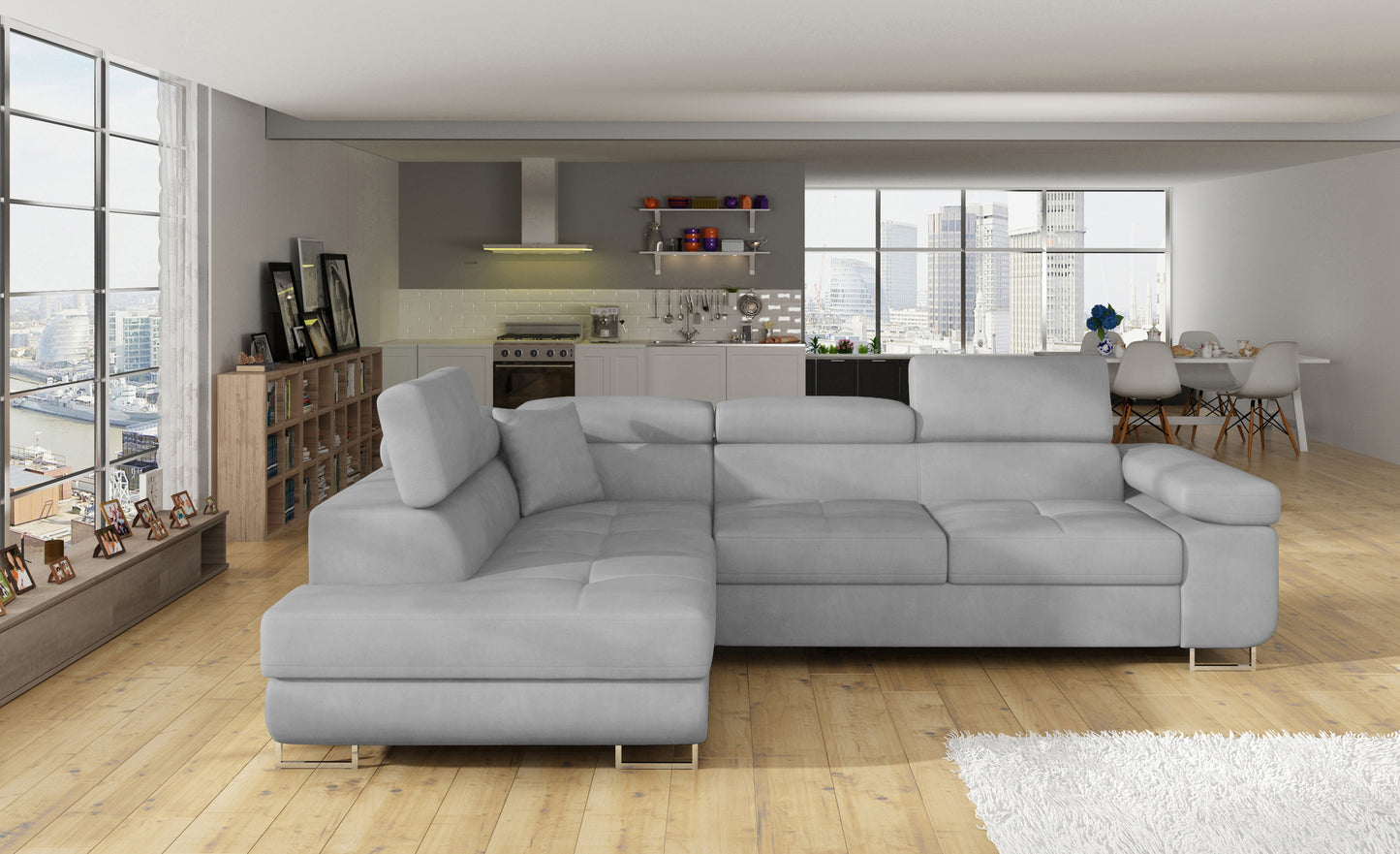 Narożnik Anton Paros 05 jasnoszary – pełny widok w przestronnym salonie.