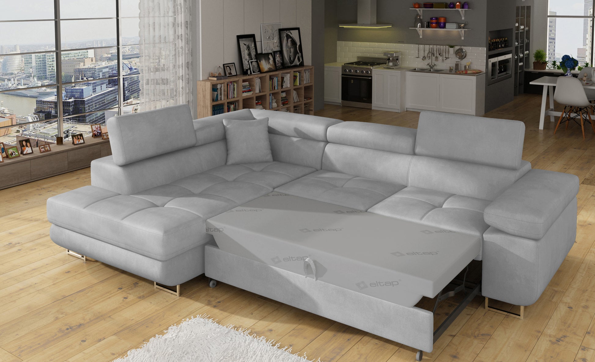 Narożnik Anton Paros 05 jasnoszary rozłożony do funkcji spania – widok w salonie.