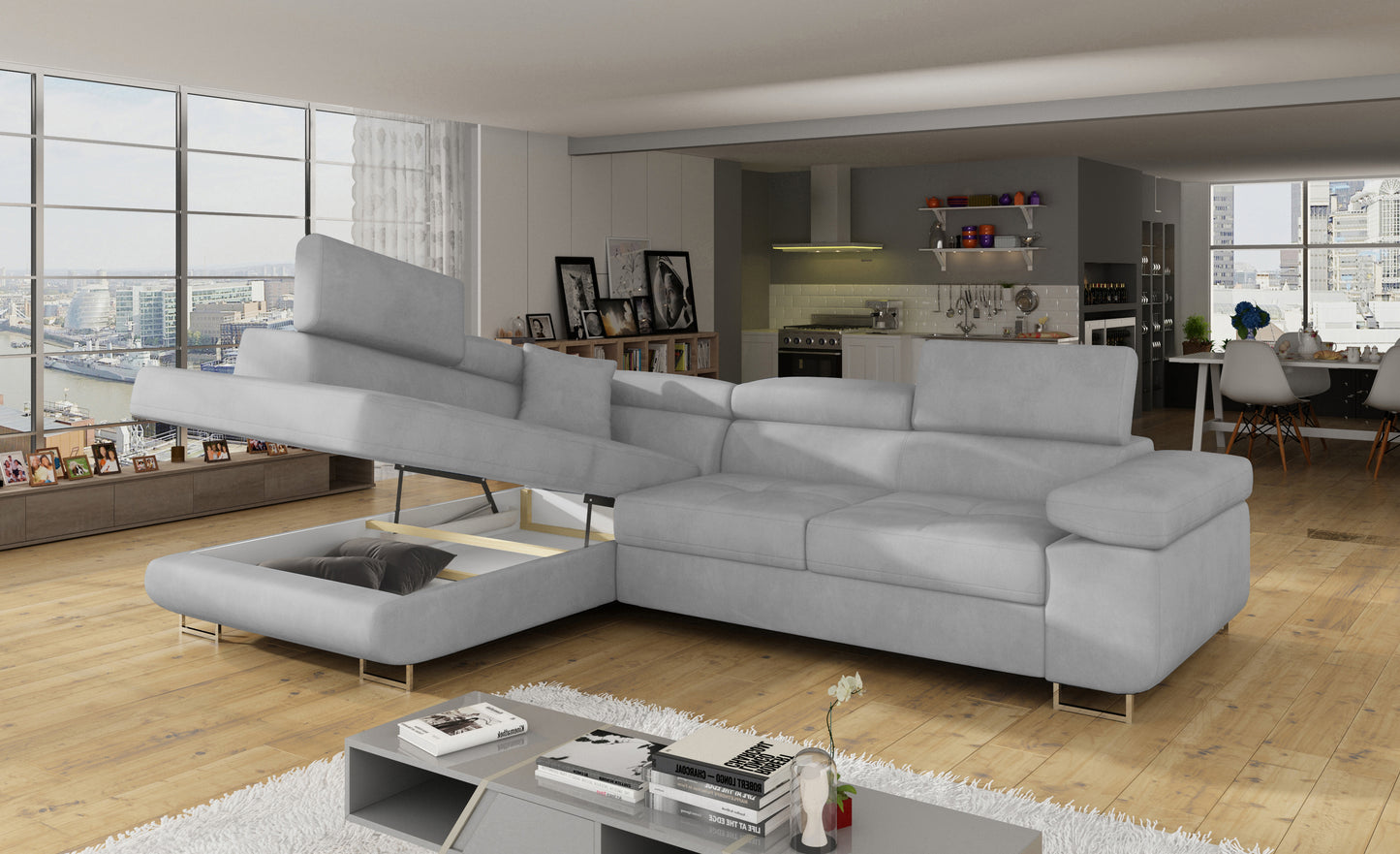 Narożnik Anton Paros 05 jasnoszary z otwartym pojemnikiem na pościel.