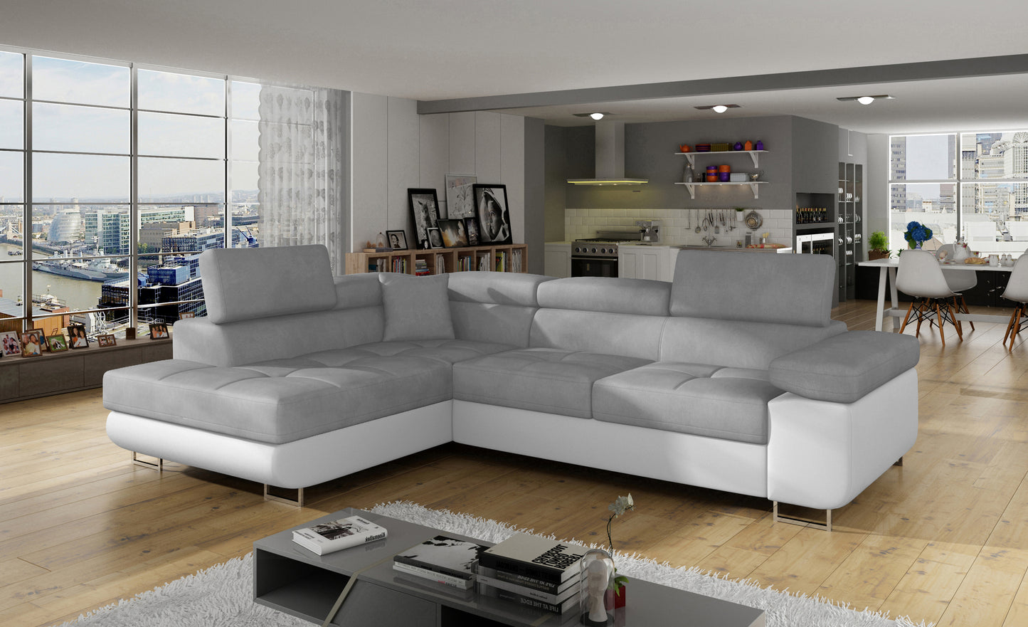 Narożnik Anton Paros 05 jasnoszary / Soft 17 biały w aranżacji nowoczesnego salonu.