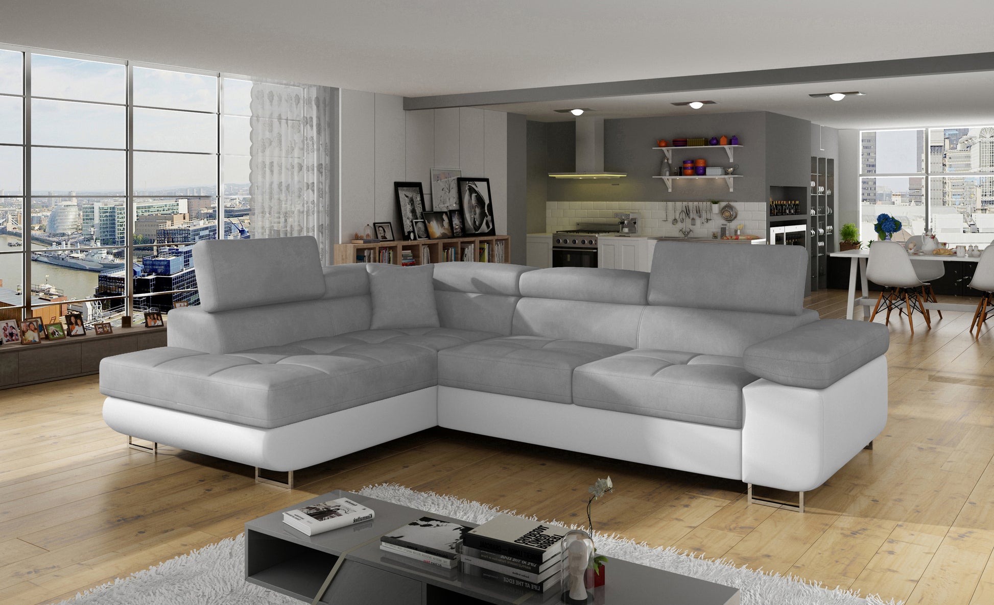 Narożnik Anton Paros 05 jasnoszary / Soft 17 biały w aranżacji nowoczesnego salonu.