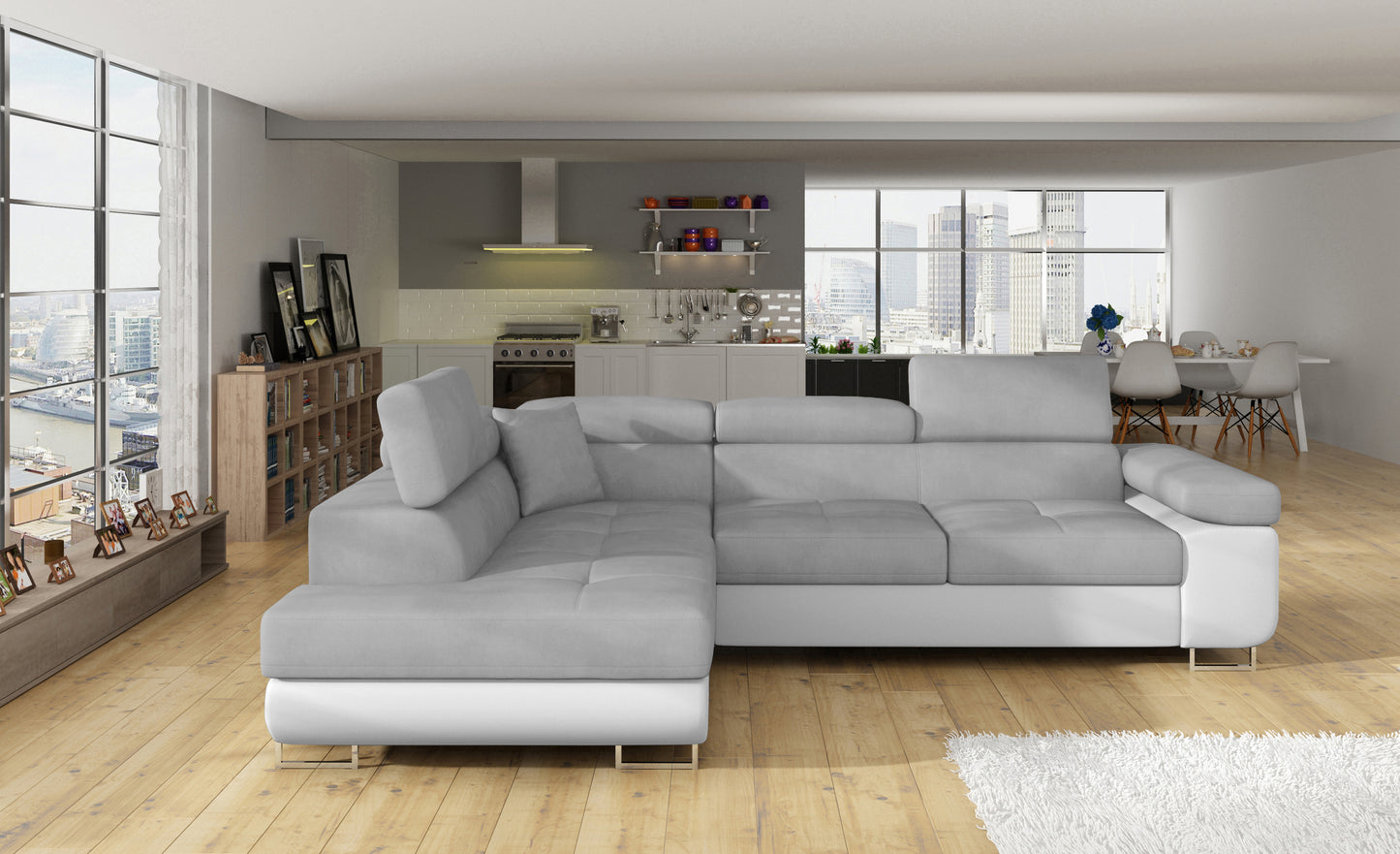 Narożnik Anton Paros 05 jasnoszary / Soft 17 biały – pełny widok w przestronnym salonie.