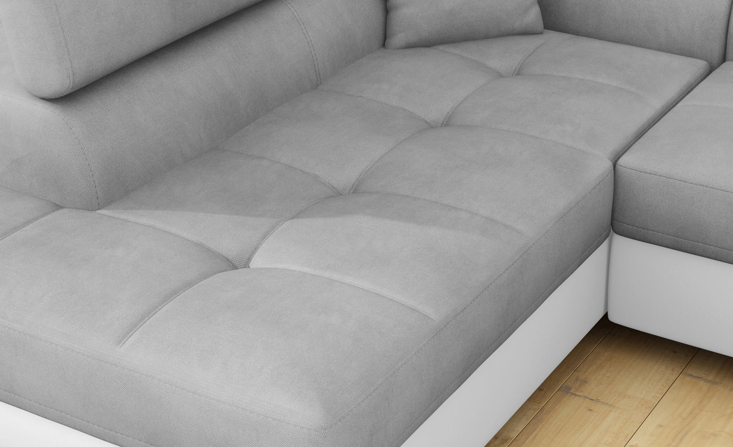 Zbliżenie na siedzisko narożnika Anton w kolorze Paros 05 jasnoszary / Soft 17 biały.