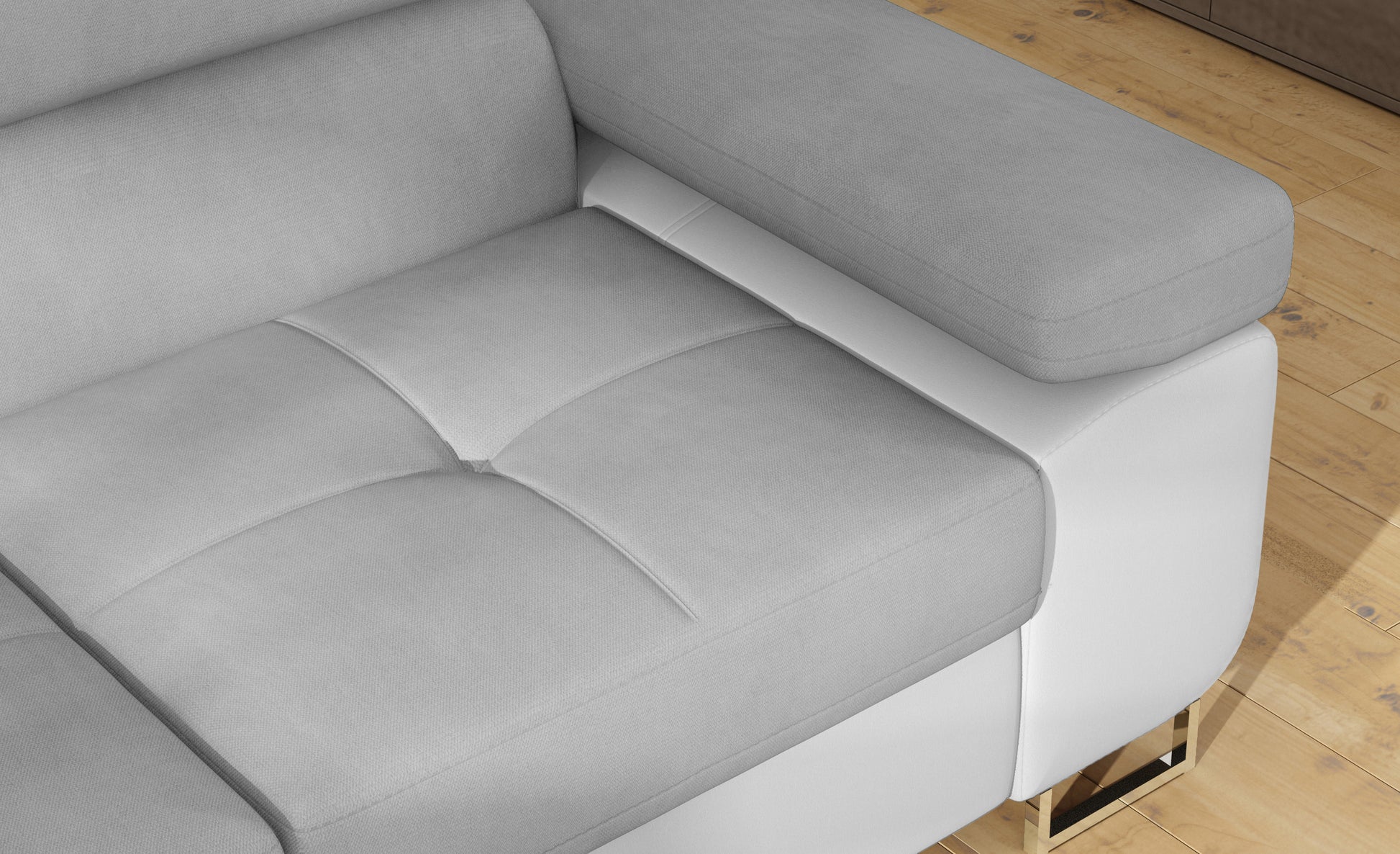 Podłokietnik narożnika Anton w kolorze Paros 05 jasnoszary / Soft 17 biały – widok z góry.