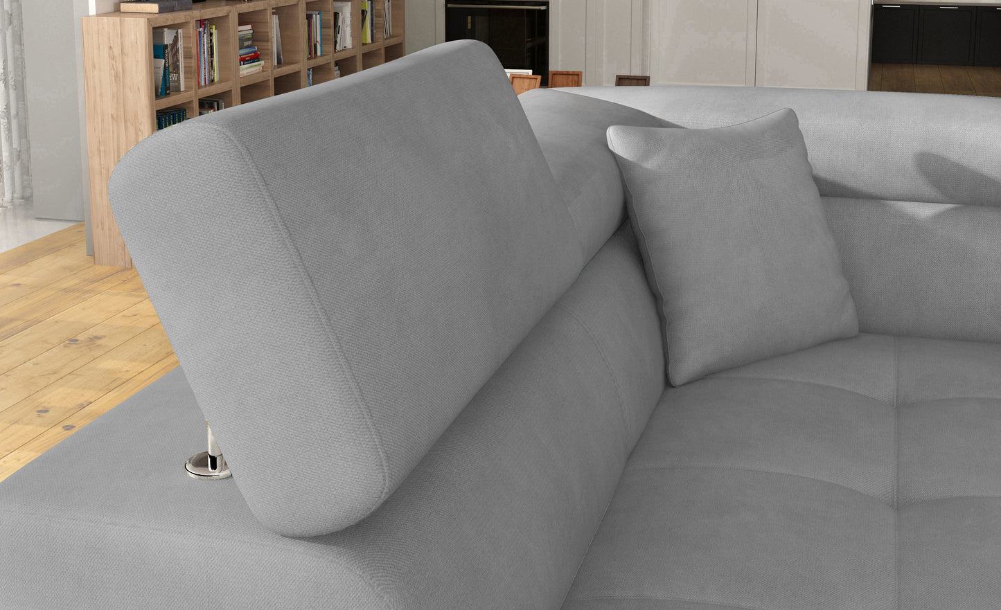 Zagłówek i poduszka narożnika Anton Paros 05 jasnoszary / Soft 17 biały – detal wykończenia.