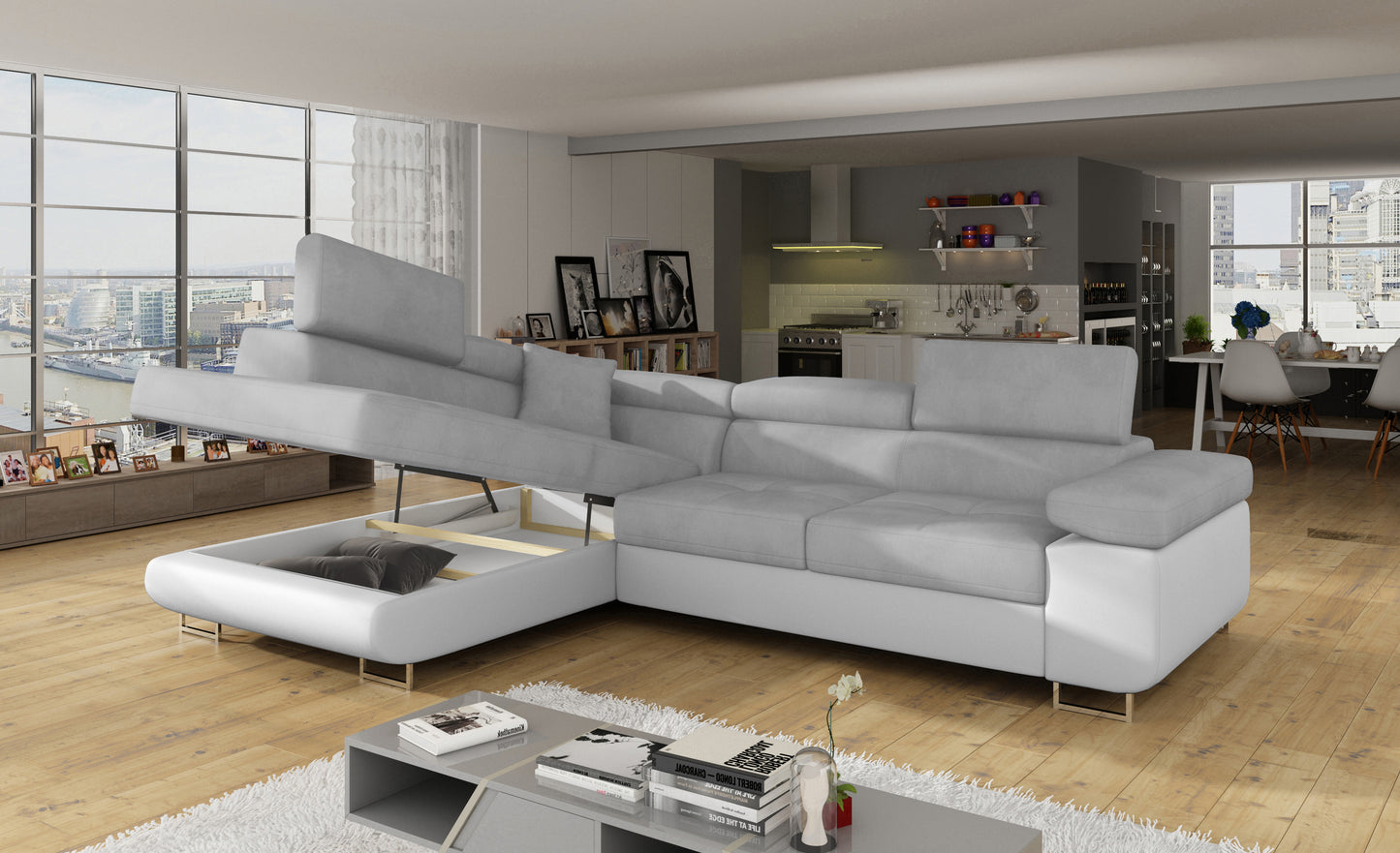 Narożnik Anton Paros 05 jasnoszary / Soft 17 biały z otwartym pojemnikiem na pościel.