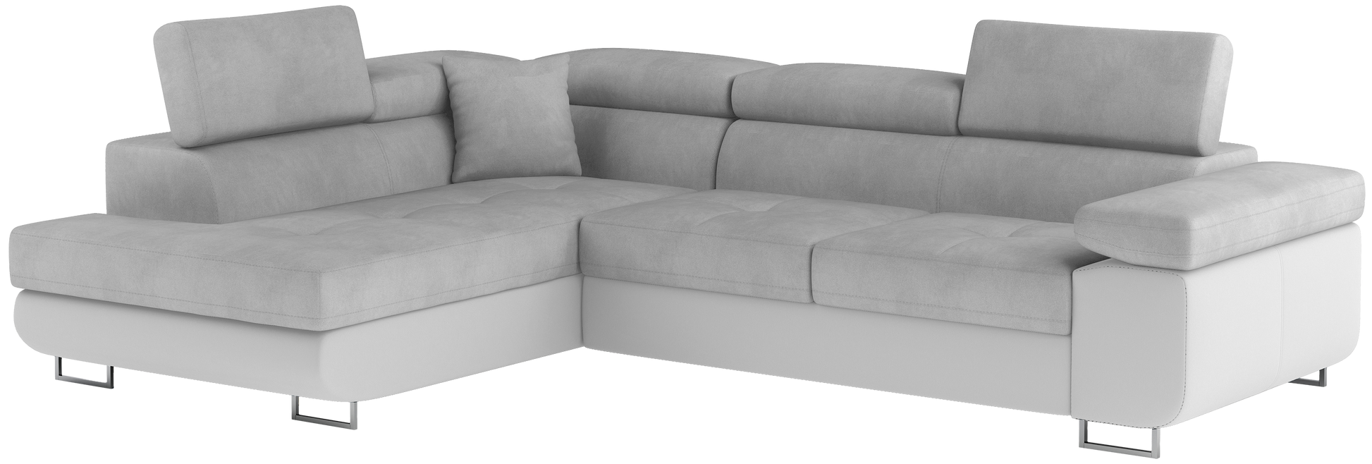 Narożnik Anton w kolorze Paros 05 jasnoszary / Soft 17 biały, układ lewy – widok z przodu pod kątem.