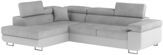 Narożnik Anton w kolorze Paros 05 jasnoszary / Soft 17 biały, układ lewy – widok z przodu pod kątem.