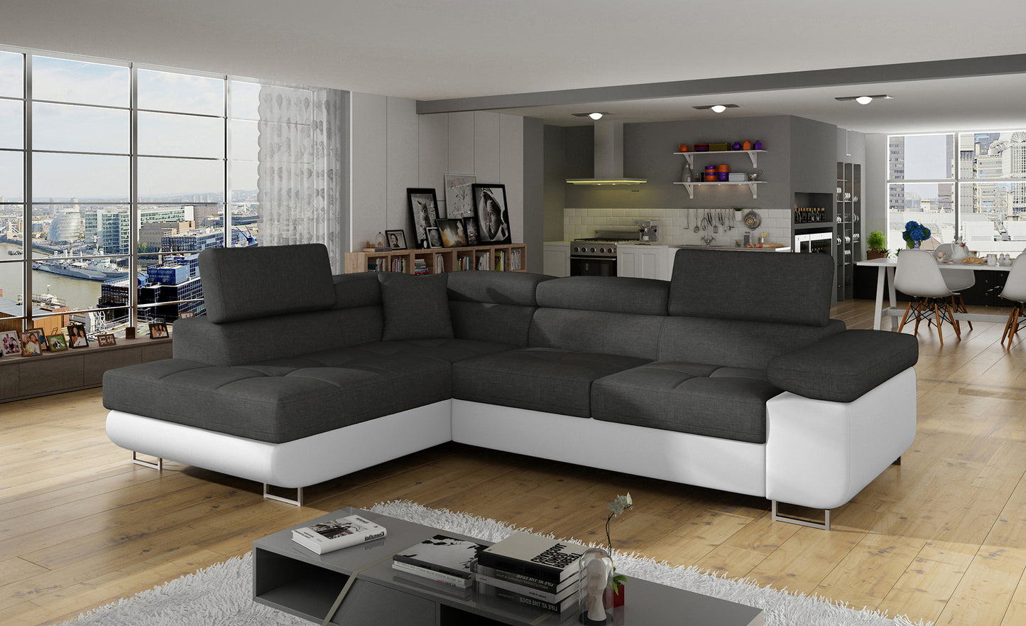 Narożnik Anton Sawana 05 ciemnoszary / Soft 17 biały w aranżacji nowoczesnego salonu.