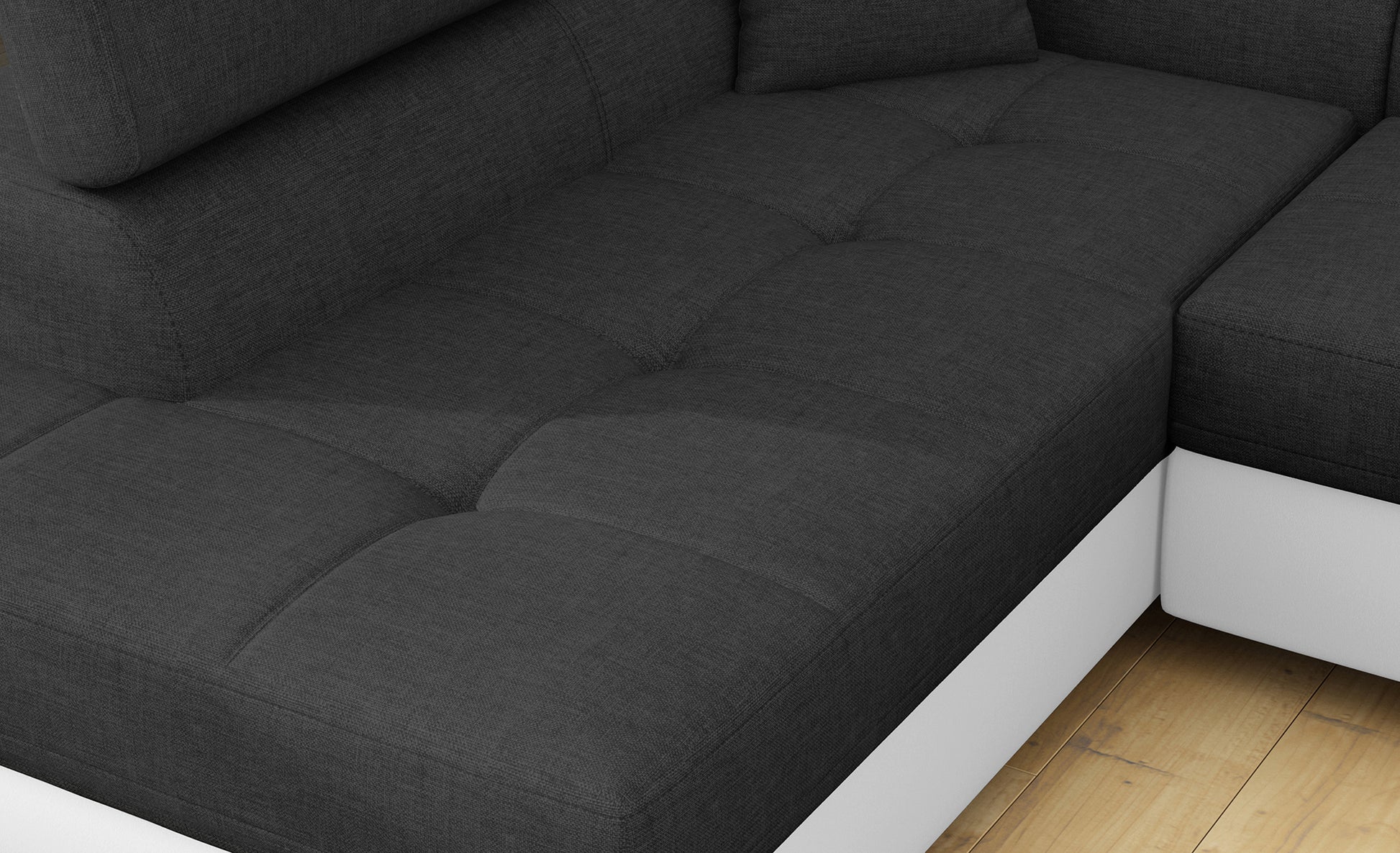 Zbliżenie na siedzisko narożnika Anton w kolorze Sawana 05 ciemnoszary / Soft 17 biały.