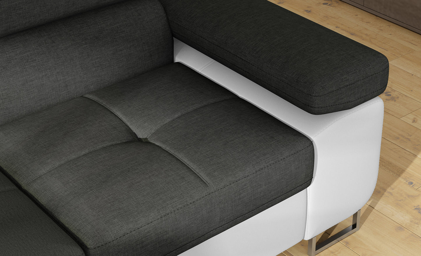 Podłokietnik narożnika Anton w kolorze Sawana 05 ciemnoszary / Soft 17 biały – widok z góry.