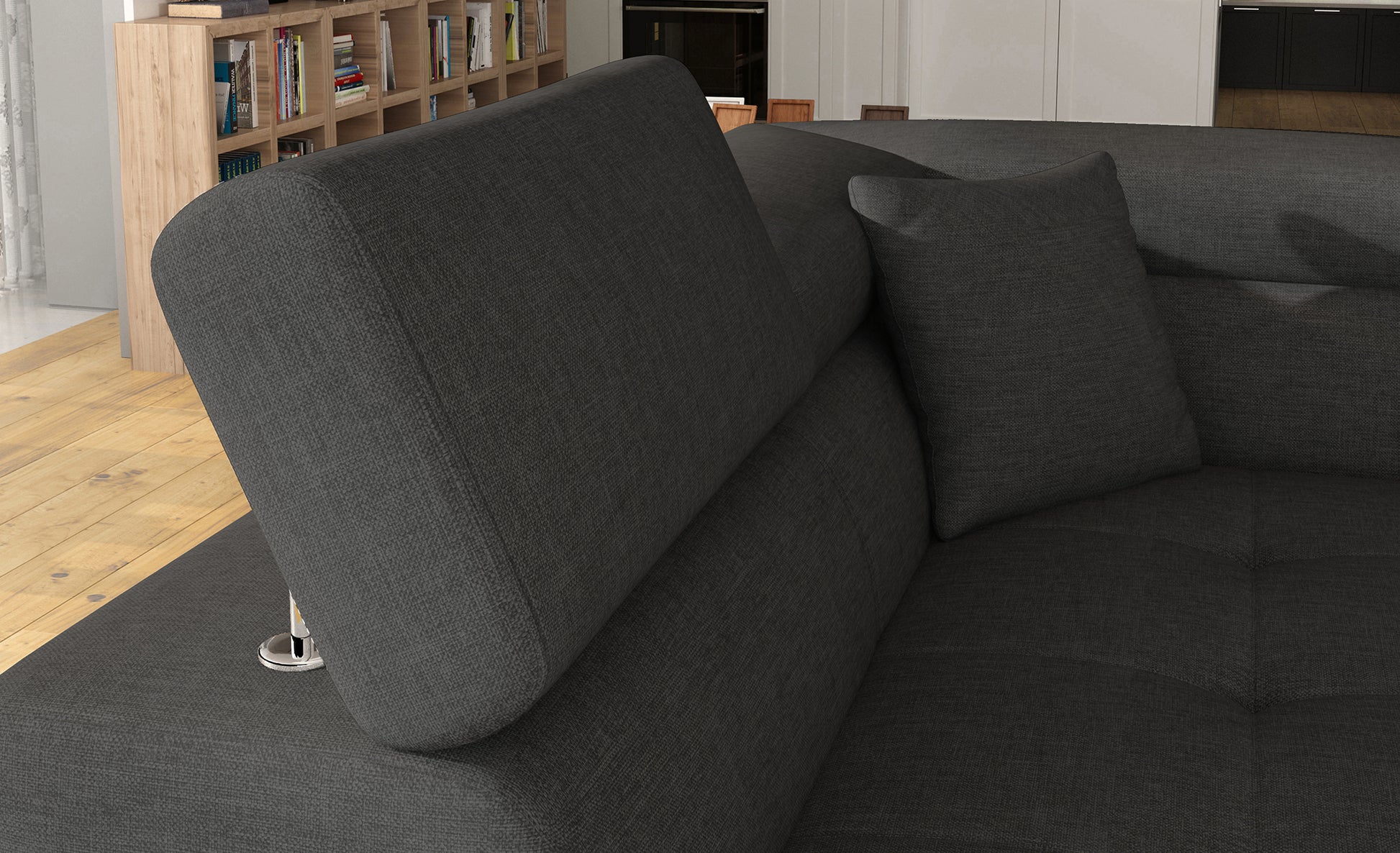 Zagłówek i poduszka narożnika Anton Sawana 05 ciemnoszary / Soft 17 biały – detal wykończenia.