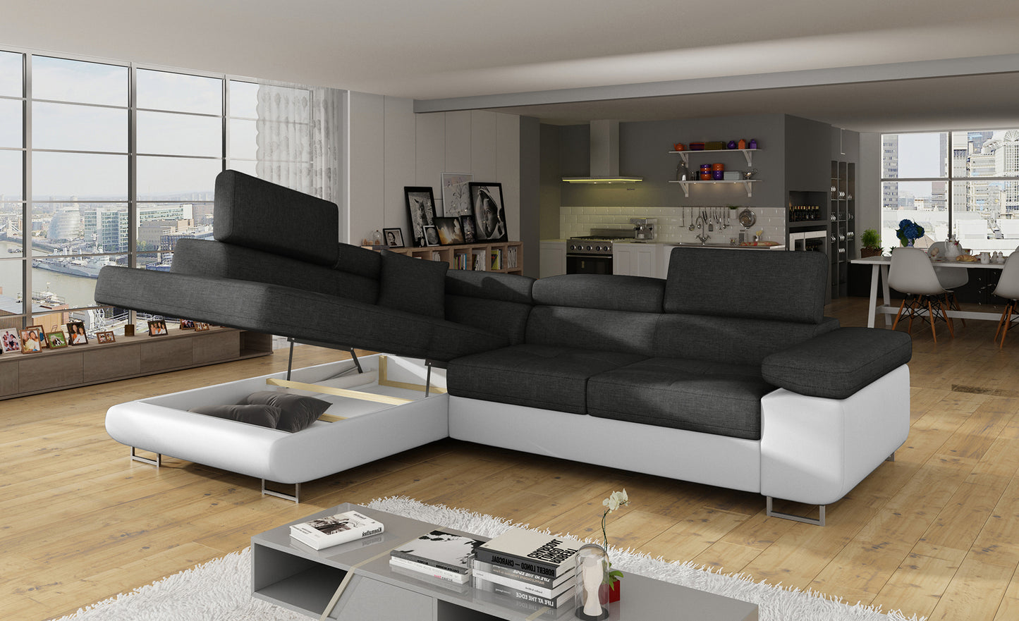 Narożnik Anton Sawana 05 ciemnoszary / Soft 17 biały z otwartym pojemnikiem na pościel.