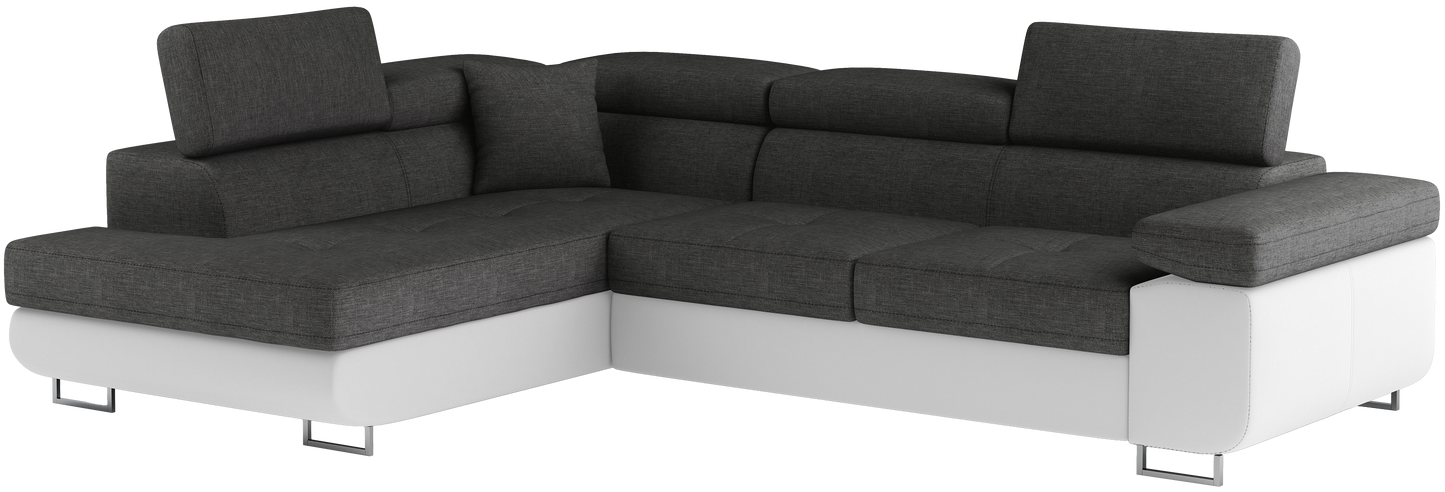 Narożnik Anton w kolorze Sawana 05 ciemnoszary / Soft 17 biały, układ lewy – widok z przodu pod kątem.