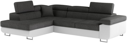 Narożnik Anton w kolorze Sawana 05 ciemnoszary / Soft 17 biały, układ lewy – widok z przodu pod kątem.